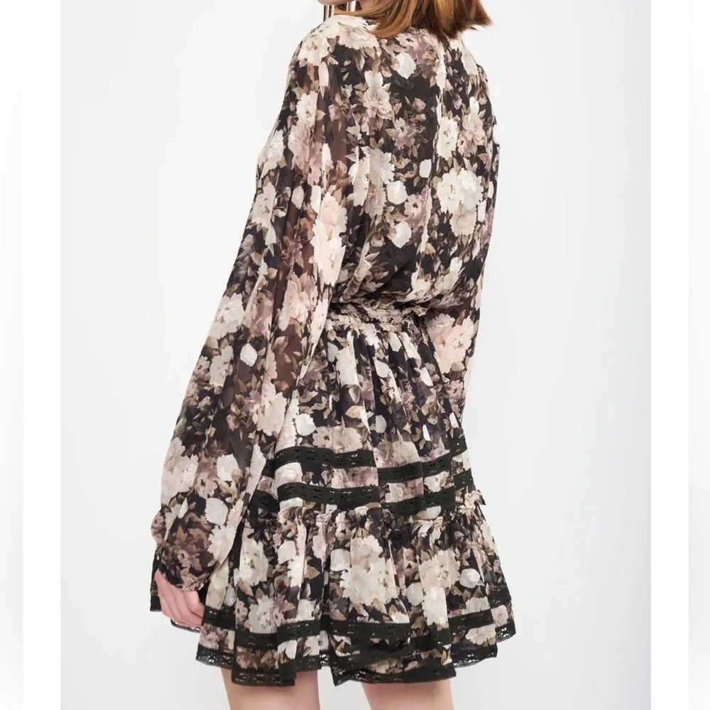 En Saison Babydoll Dress Rena Floral Print Boho Long sleeves Mini Chiffon 1X